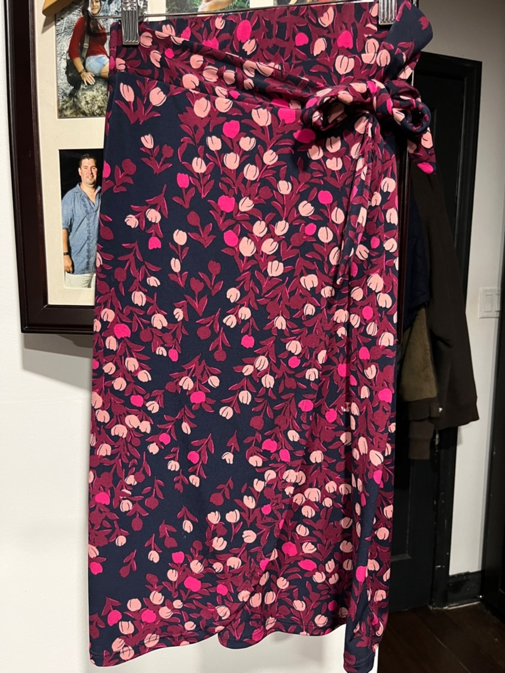 Leota Navy Midi Skirt with Pink Floral Print